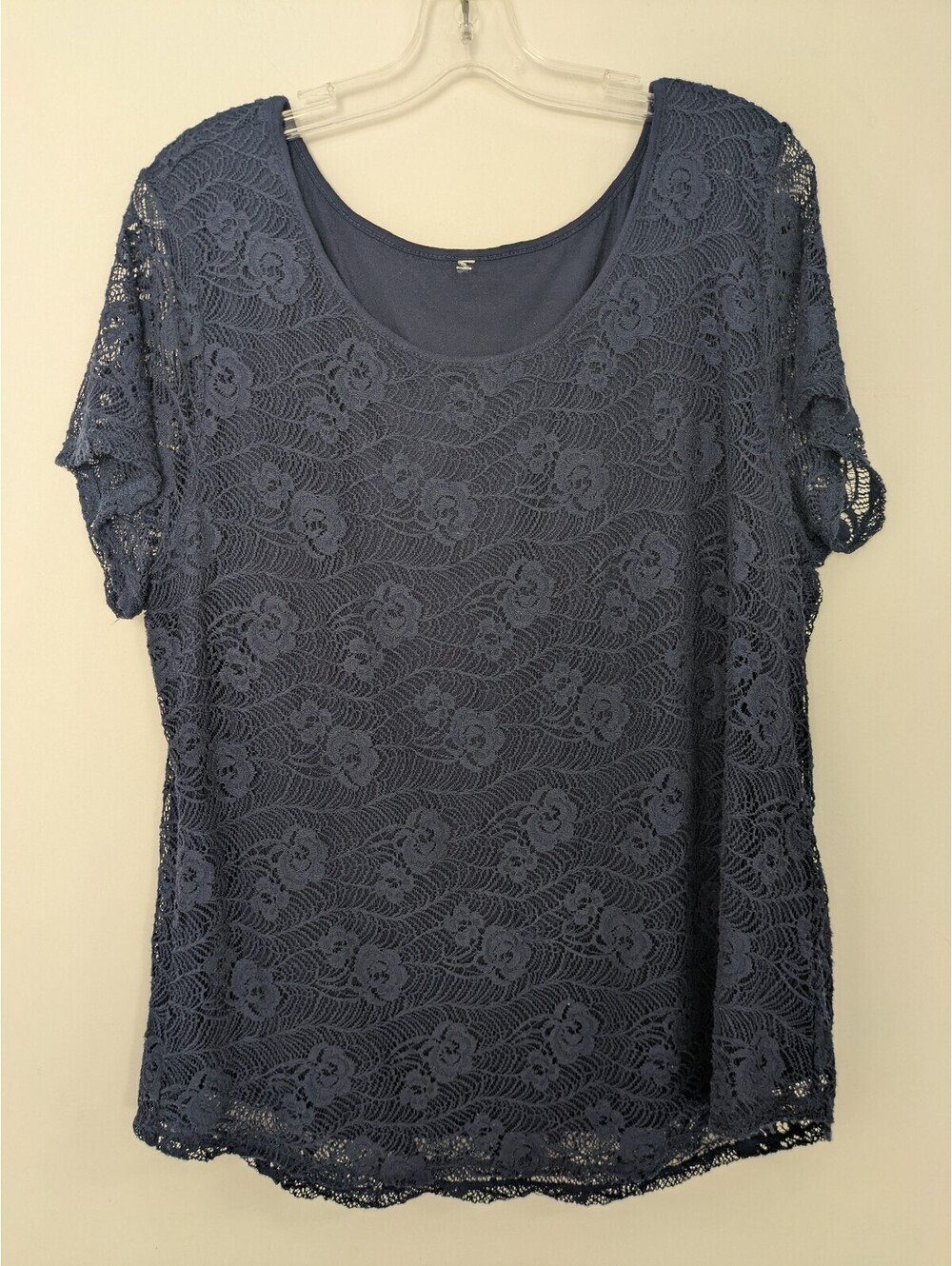 Women Navy Blue Floral Lace Top Lined Short Sleeve Blouse Shirt Size XXL
